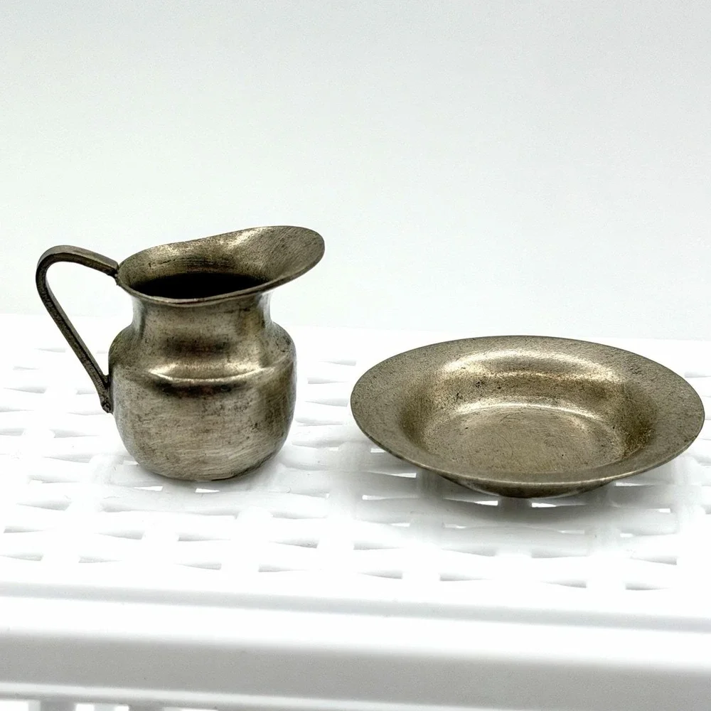 Vintage Mini Pewter & Silverplate Creamer Lot Trinkets Typesetter Case Smalls